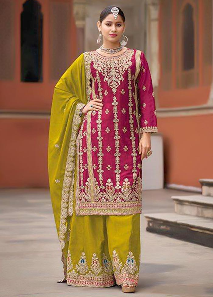 3 Pc Rani Semi Stitched Silk Suit Set Official