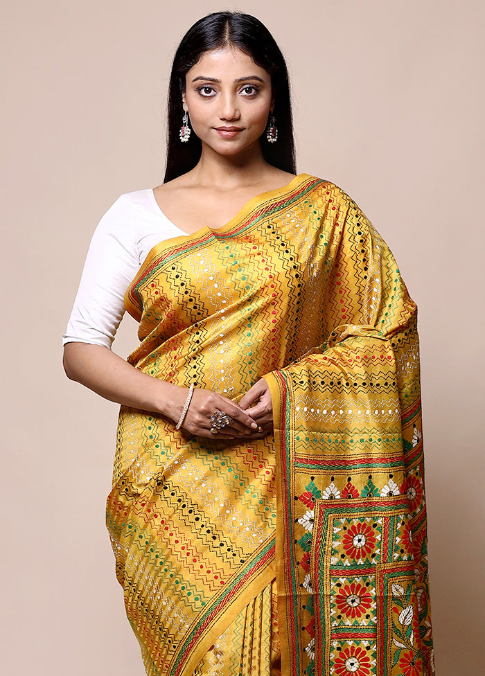 Yellow Handloom Kantha Stitch Pure Silk Saree With Blouse Piece Popular Cheap Online