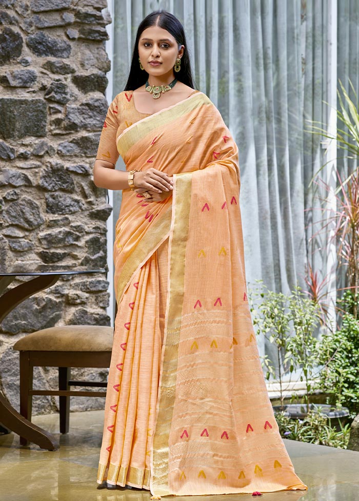 Peach Cotton Saree With Blouse Piece Discount Pay With Visa