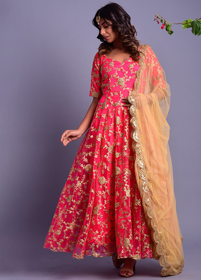 2 Pc Pink Net Anarkali With Dupatta Sale Good Selling