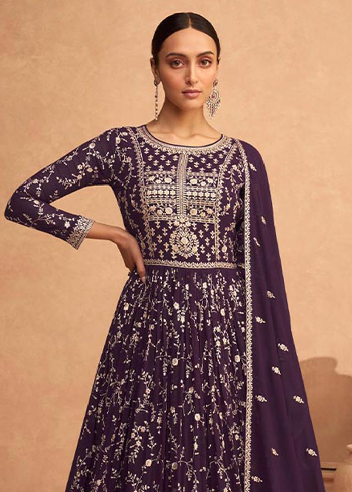 3 Pc Purple Semi Stitched Georgette Suit Set Wiki For Sale