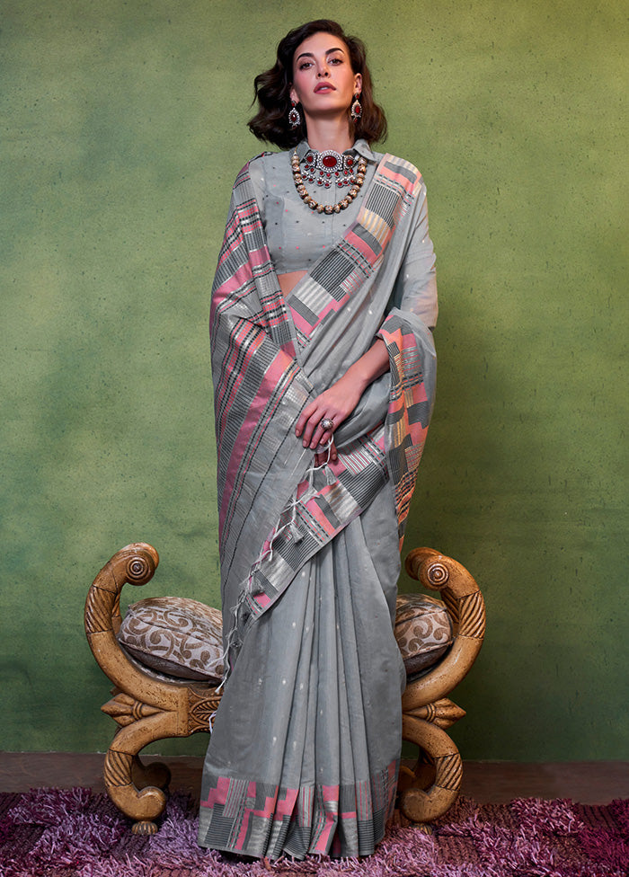 Grey Cotton Saree With Blouse Piece Sale Choice