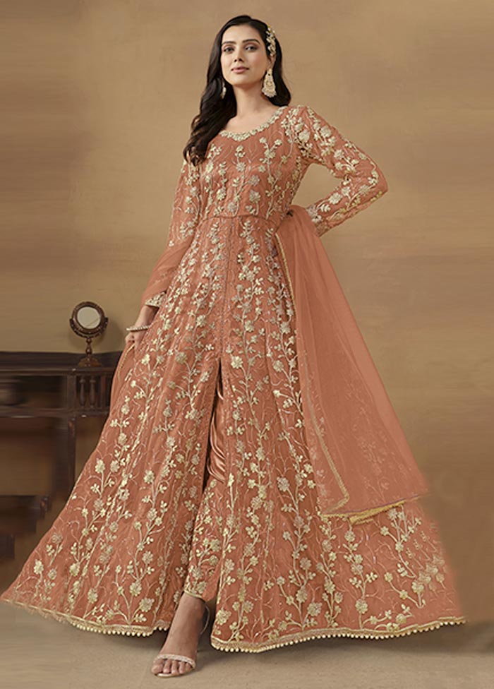 3 Pc Dark Peach Semi Stitched Net Suit Set Cost For Sale