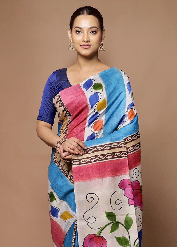 Blue Printed Pure Silk Saree Without Blouse Piece Clearance Manchester