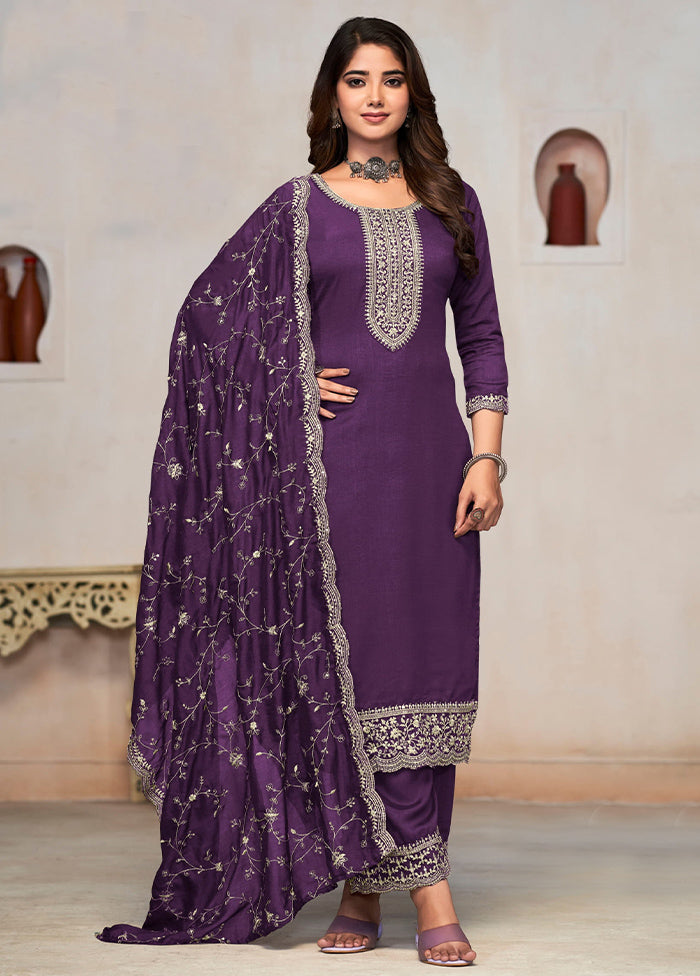 3 Pc Purple Pure Semi Stitched Silk Suit Set Cheap Sale From China