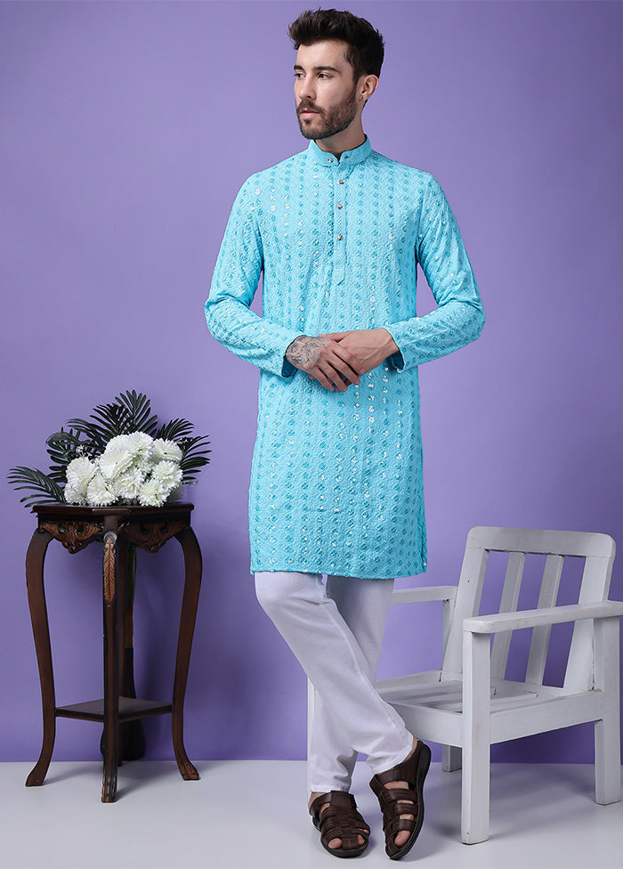 2 Pc Sky Blue Silk Kurta Pajama Set With Mastercard