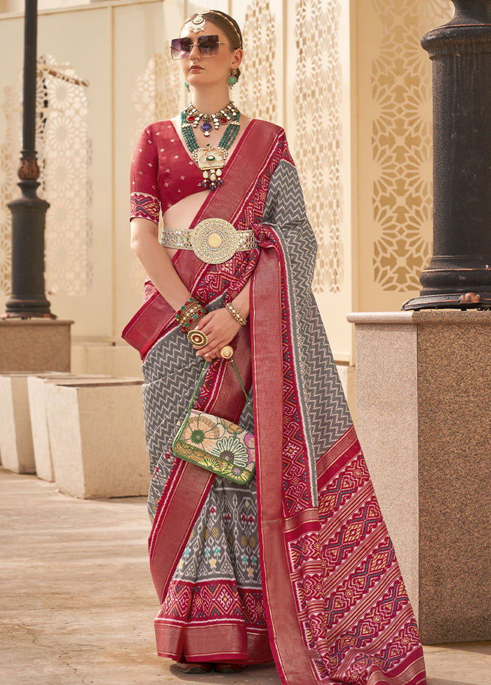 Grey Dupion Silk Saree With Blouse Piece Cheap Sale Purchase