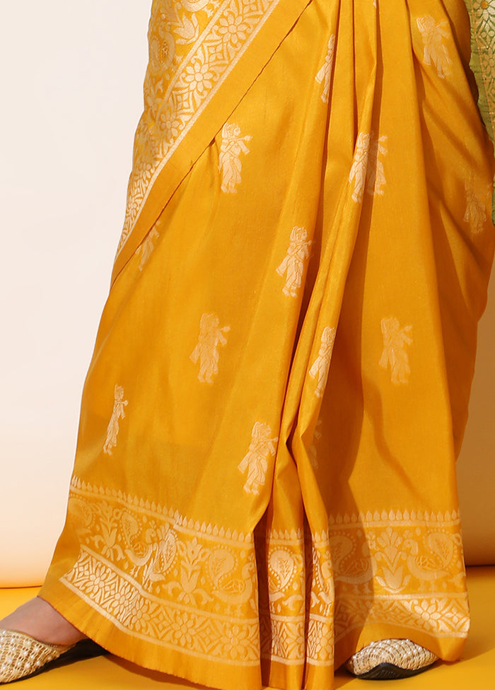 Yellow Spun Silk Saree With Blouse Piece Cheap Sale Comfortable