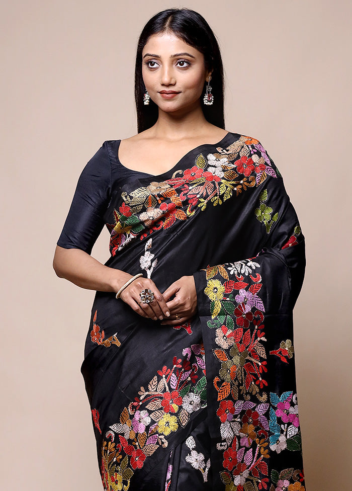 Black Handloom Kantha Stitch Pure Silk Saree With Blouse Piece Cheap Sale Geniue Stockist