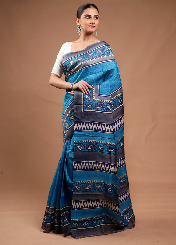 Blue Printed Pure Silk Saree Without Blouse Piece Comfortable Cheap Online