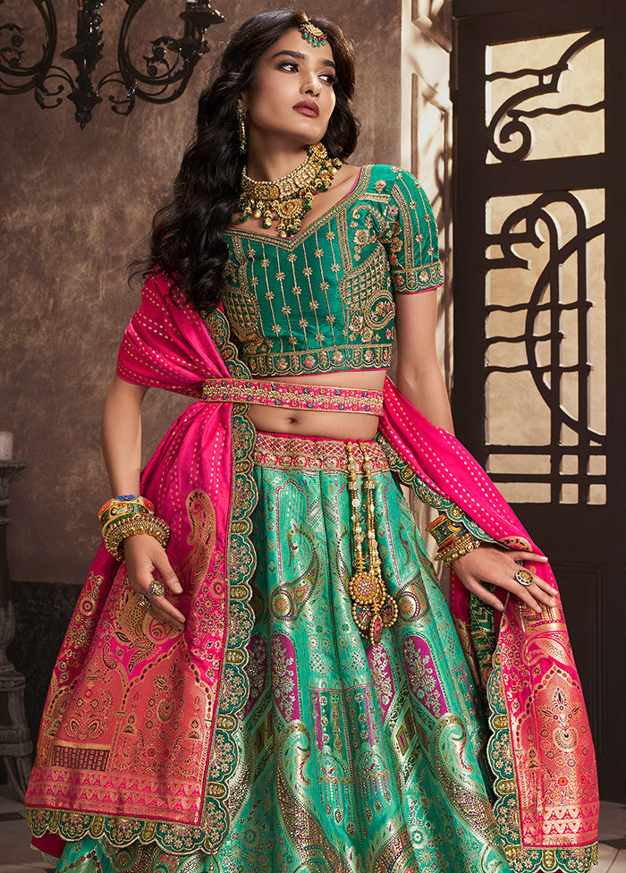 3 Pc Green Silk Semi Stitched Lehenga Set Cheap Online Store Manchester