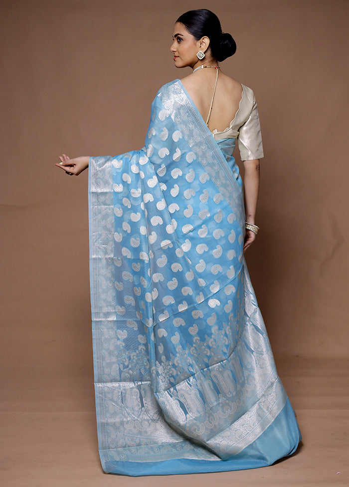 Blue Kora Silk Saree With Blouse Piece Clearance Find Great