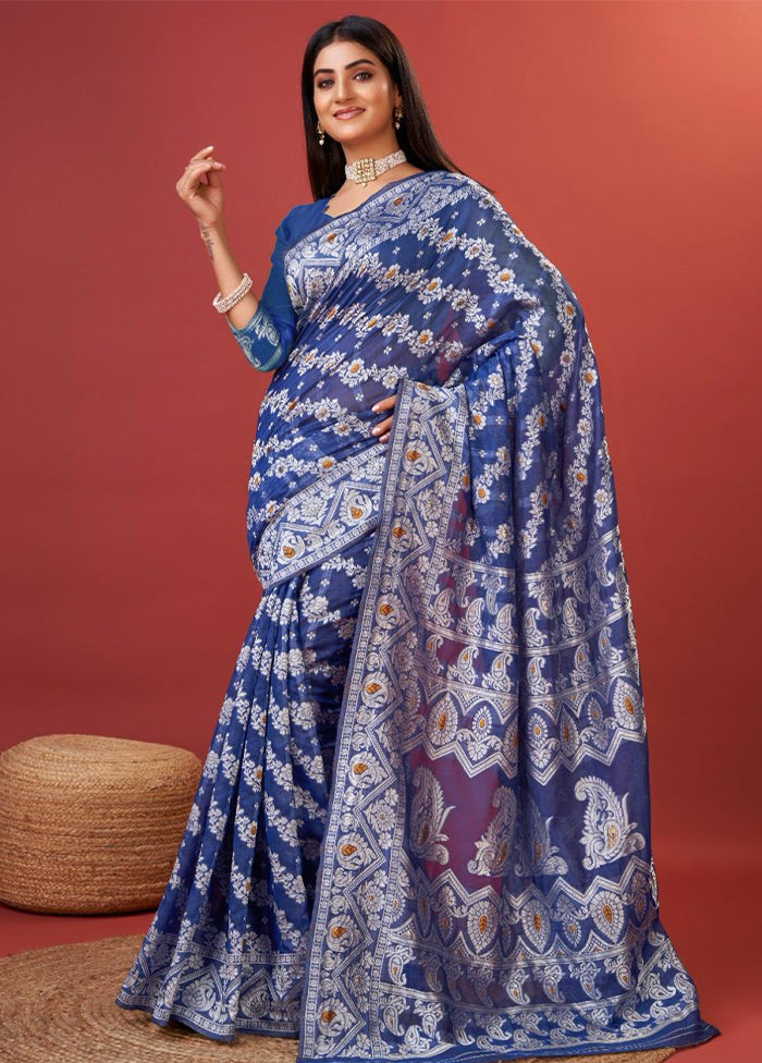 Navy Blue Cotton Saree With Blouse Piece Cheap Sale 2025