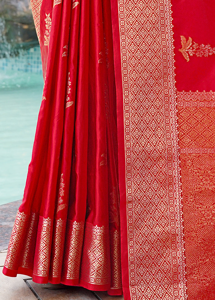 Red Satin Silk Saree With Blouse Piece Sale View