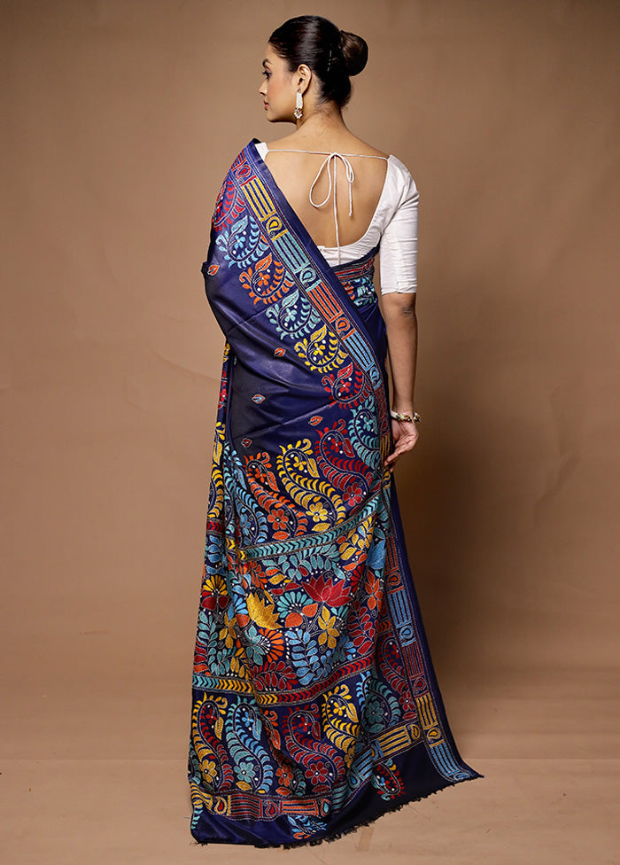 Blue Kantha Stitch Silk Saree With Blouse Piece 2025 New