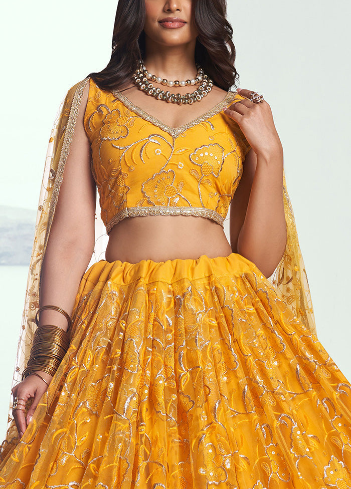 3 Pc Yellow Net Semi Stitched Lehenga Set Outlet Good Selling