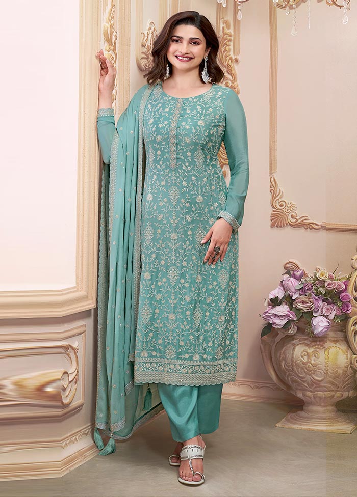 3 Pc Blue Semi Stitched Silk Suit Set Outlet Free Shipping Authentic