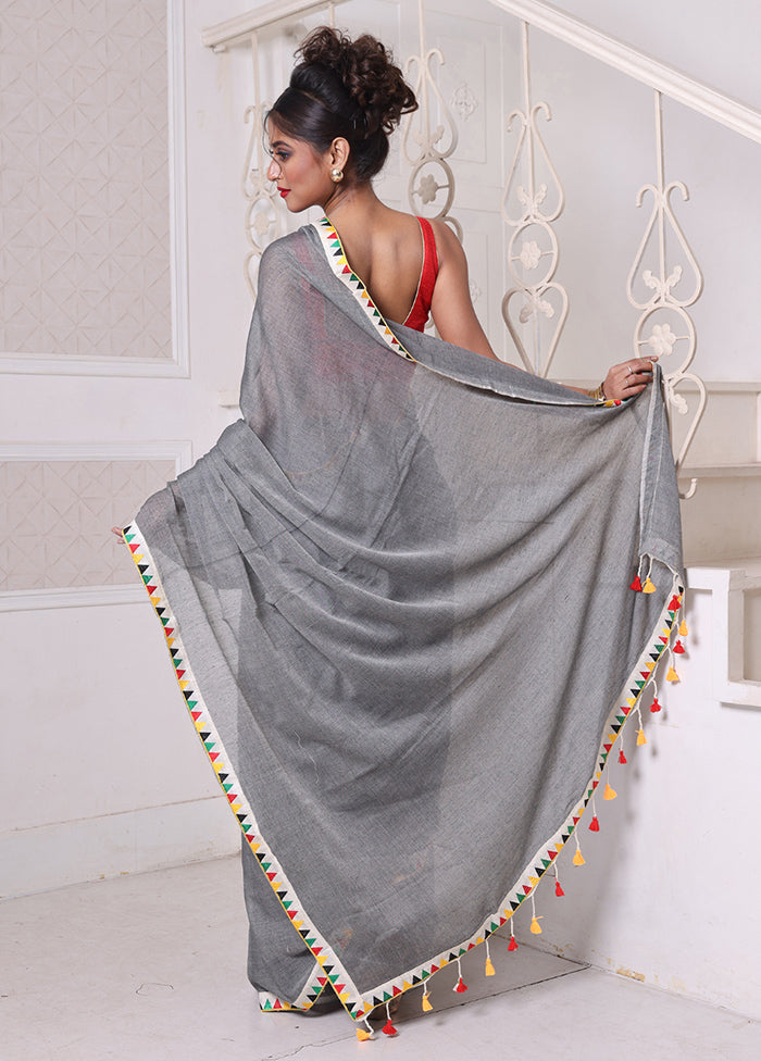 Grey Cotton Solid Saree Without Blouse Piece With Paypal Cheap Pice