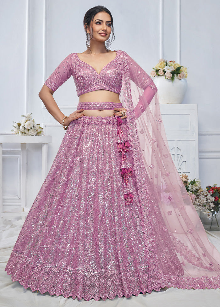 3 Pc Purple Net Semi Stitched Lehenga Set From China Sale Online