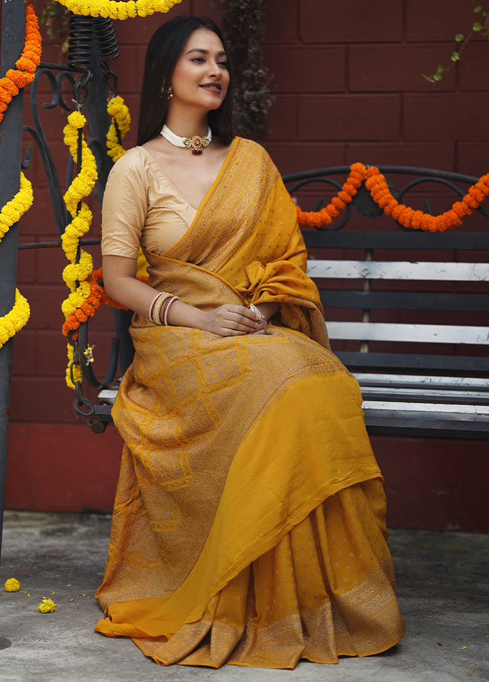 Yellow Handloom Pure Georgette Saree With Blouse Piece Discount Largest Supplier