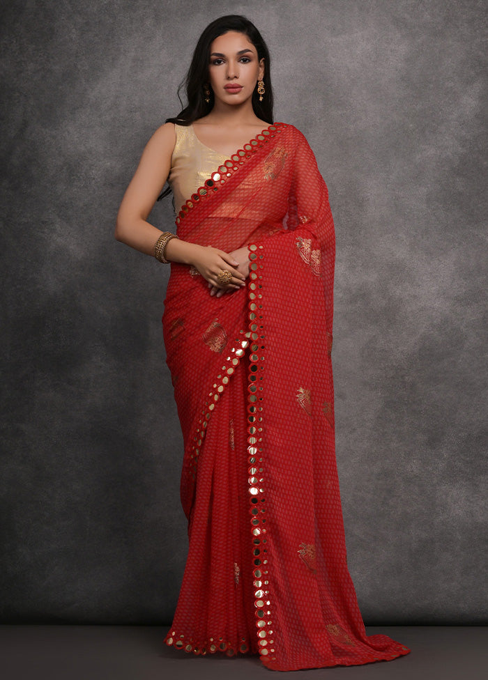 Red Chiffon Silk Saree With Blouse Piece Cheap For Cheap