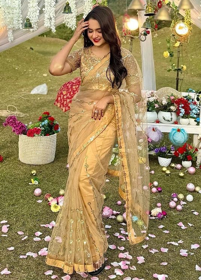 Gold Net Saree With Blouse Piece Sale Footlocker