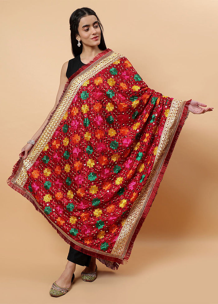 Maroon Chinon Phulkari Work Dupatta Free Shipping Very Cheap