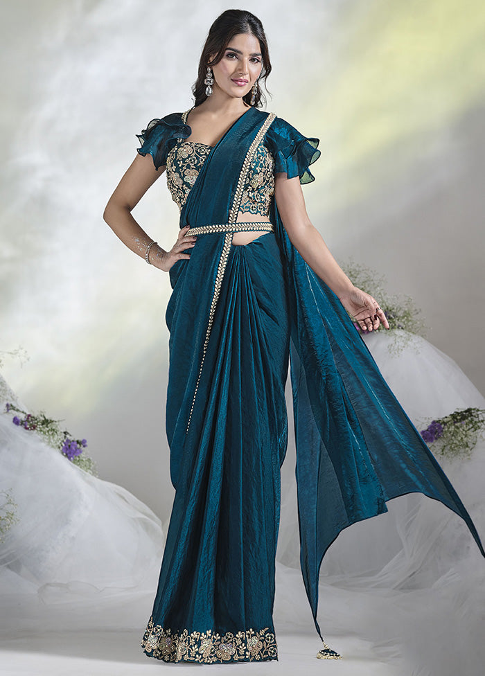 Teal Blue Satin Silk Saree With Blouse Piece Discounts Cheap Pice