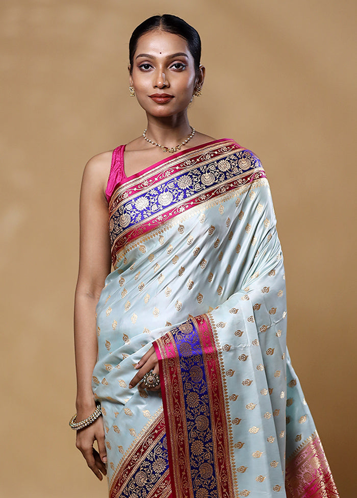 Sky Blue Banarasi Silk Saree With Blouse Piece Clearance 2025 Unisex