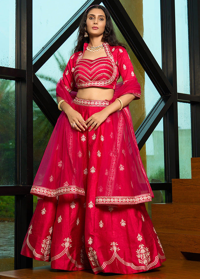 3 Pc Pink Silk Semi Stitched Lehenga Set Original For Sale