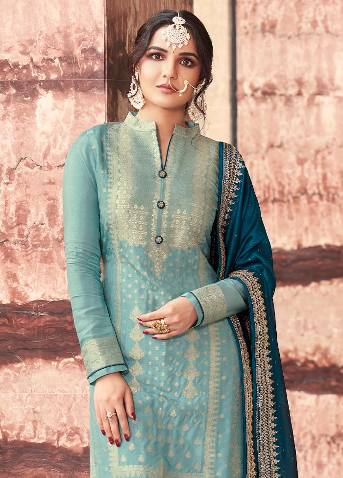 3 Pc Sky Blue Semi Stitched Silk Suit Set Recommend Sale Online