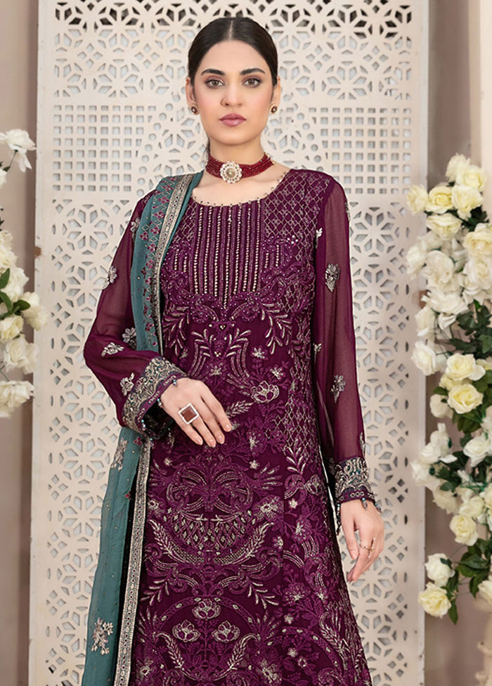 3 Pc Wine Semi Stitched Georgette Suit Set Cheap Sale Best Store To Get