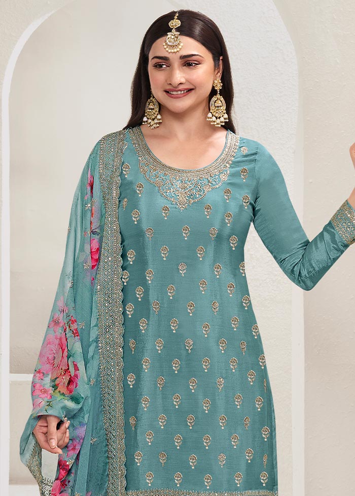 3 Pc Blue Semi Stitched Viscose Suit Set Free Shipping In China