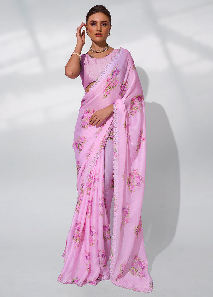 Pink Satin Silk Saree With Blouse Piece Free Shipping In China