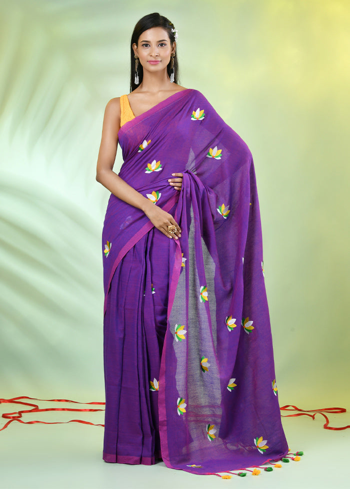 Violet Cotton Saree With Blouse Piece Sast Online