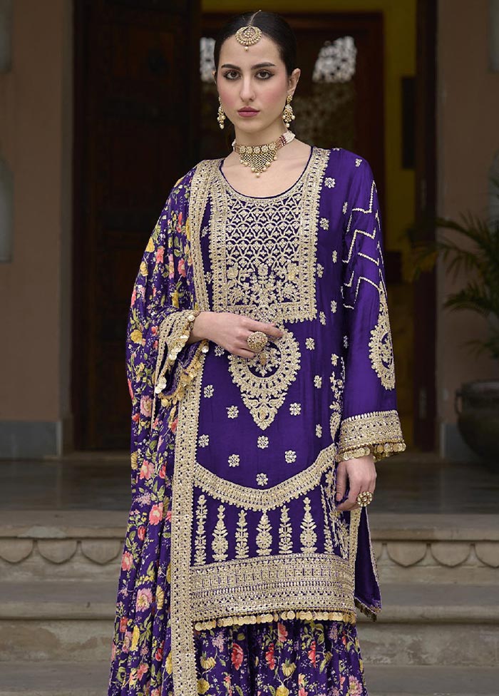 3 Pc Purple Semi Stitched Silk Suit Set Sale Classic