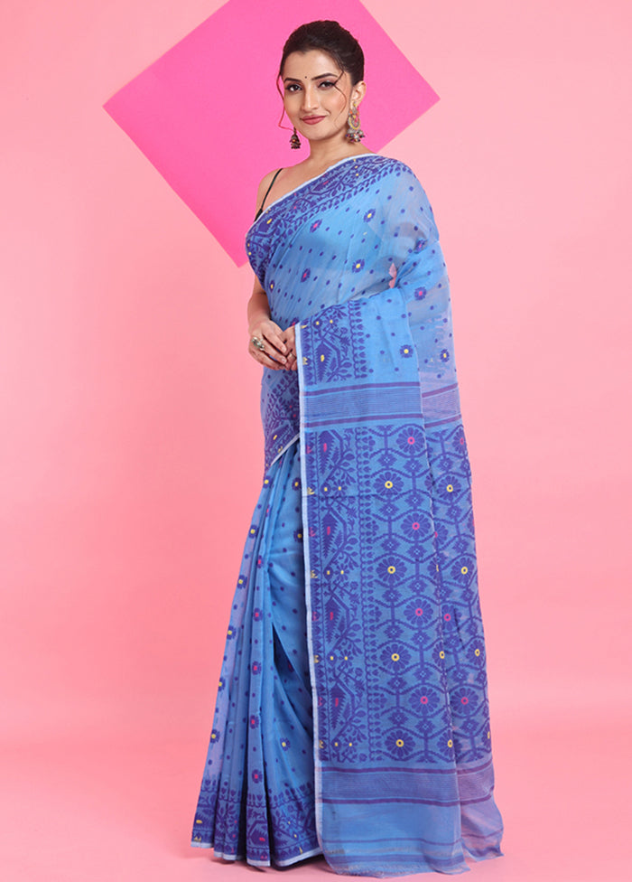 Sky Blue Cotton Woven Work Saree Without Blouse Piece 2025 New Cheap Pice