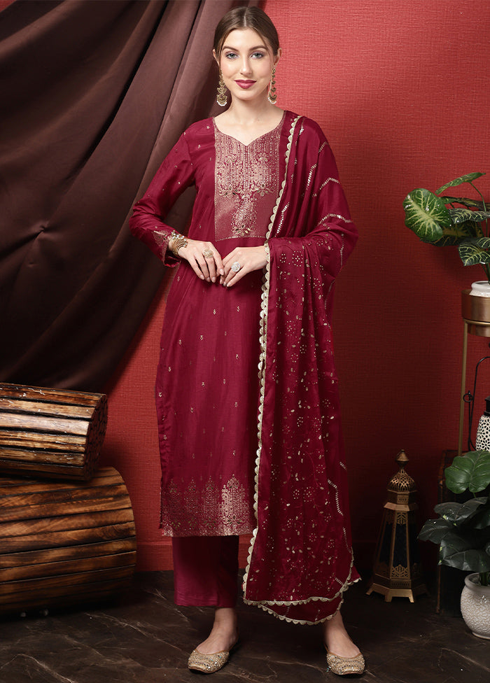 3 Pc Maroon Unstitched Silk Suit Set Clearance Get To Buy