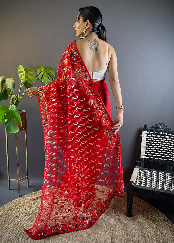 Red Net Net Saree With Blouse Piece Buy Cheap Free Shipping