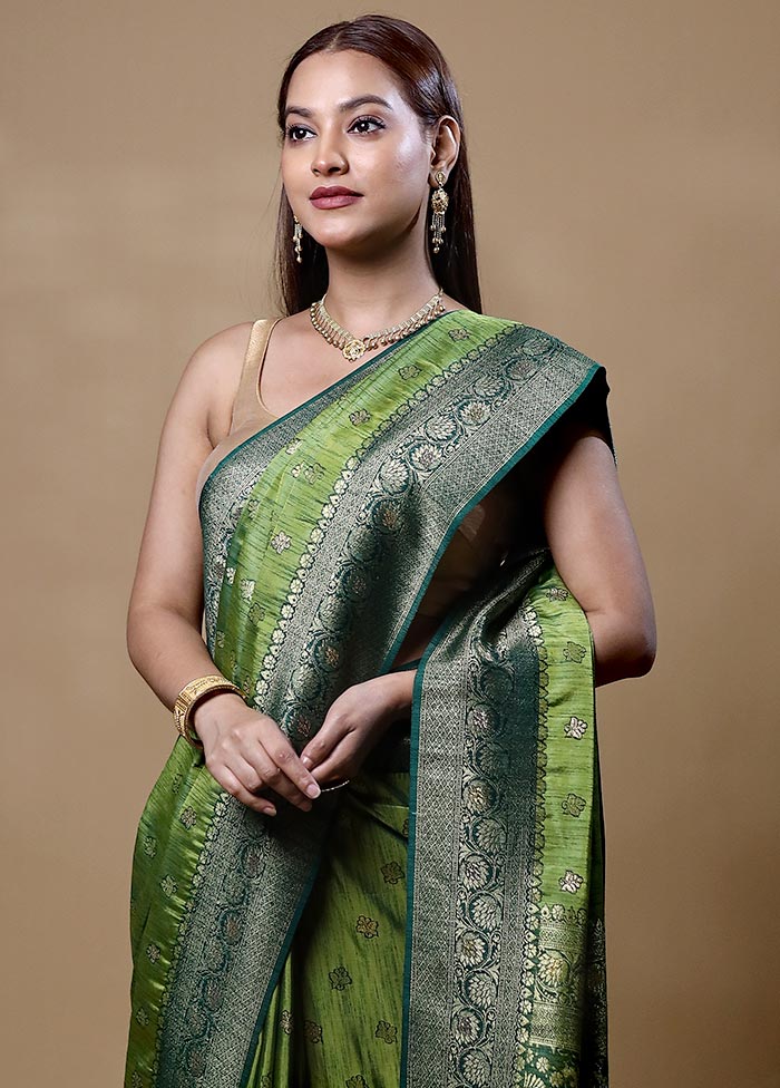 Green Dupion Silk Saree With Blouse Piece Official Cheap Online