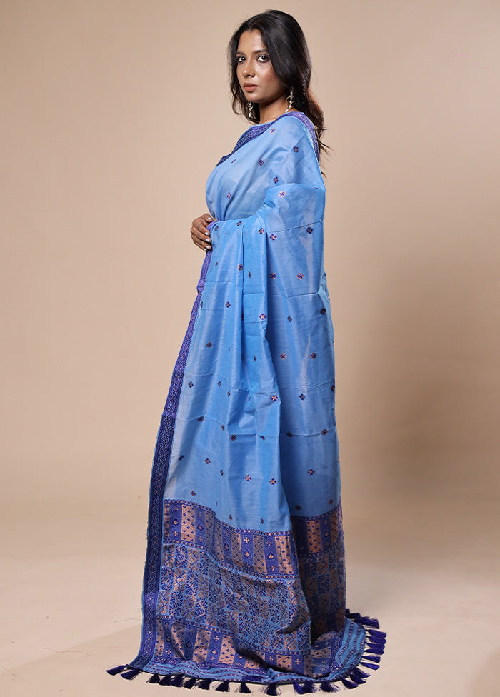 Blue Assam Silk Saree With Blouse Piece Clearance Big Sale