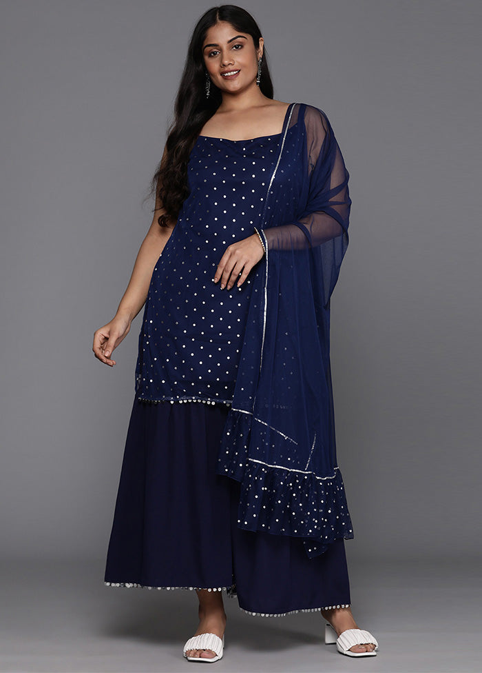 3 Pc Navy Blue Readymade Net Dupatta Suit Set With Paypal Free Shipping