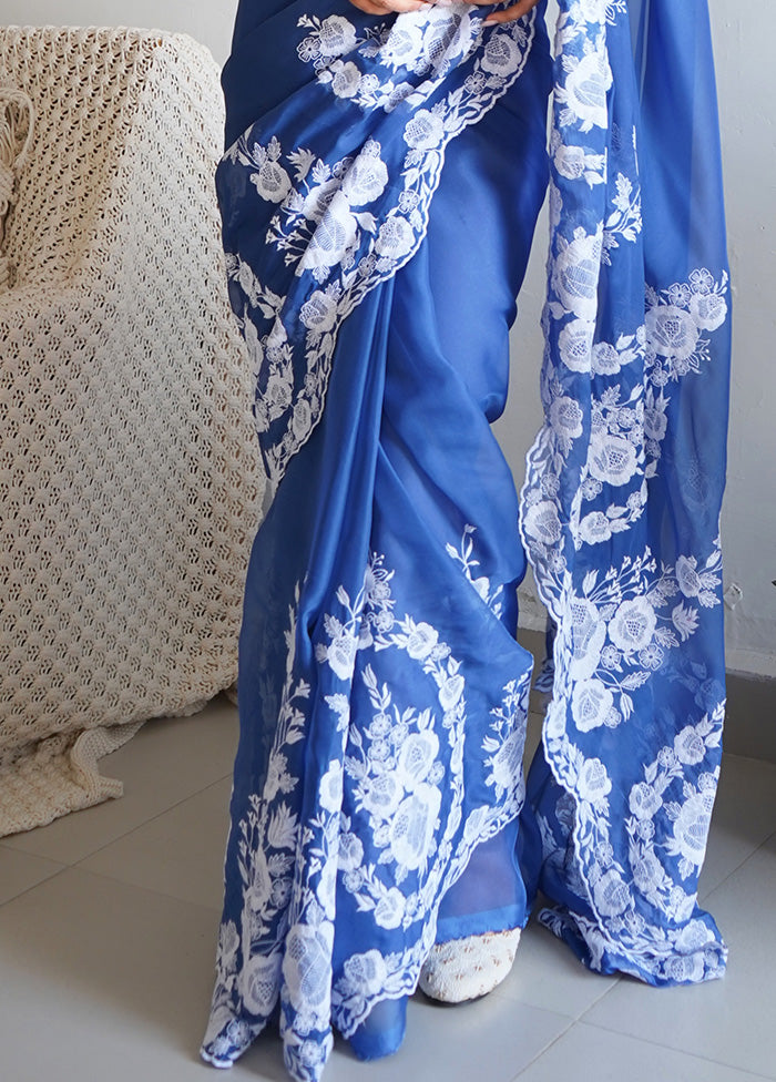 Blue Organza Saree With Blouse Piece Comfortable