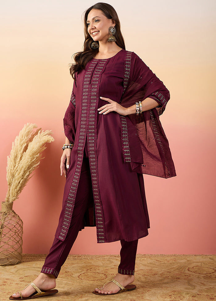 3 Pc Maroon Readymade Silk Suit Set Cheap Sale With Credit Card