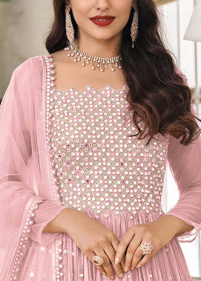 3 Pc Light Pink Semi Stitched Georgette Suit Set Free Shipping Cost