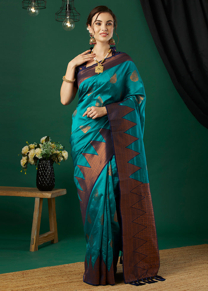 Aqua Banarasi Silk Saree With Blouse Piece With Mastercard