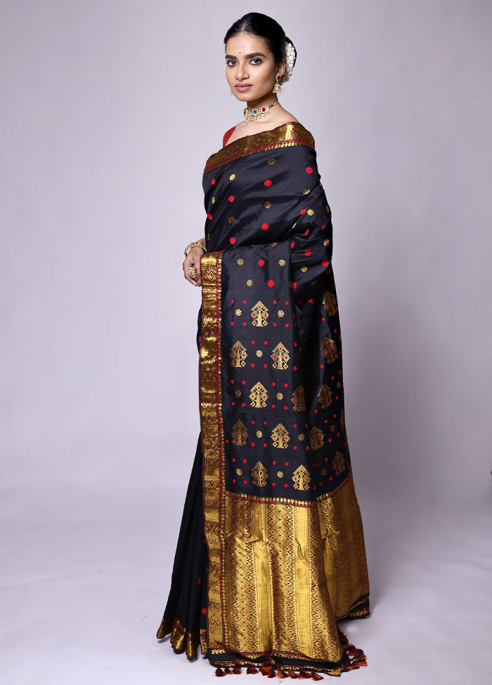 Black Handloom Assam Pure Silk Saree With Blouse Piece Free Shipping For Sale