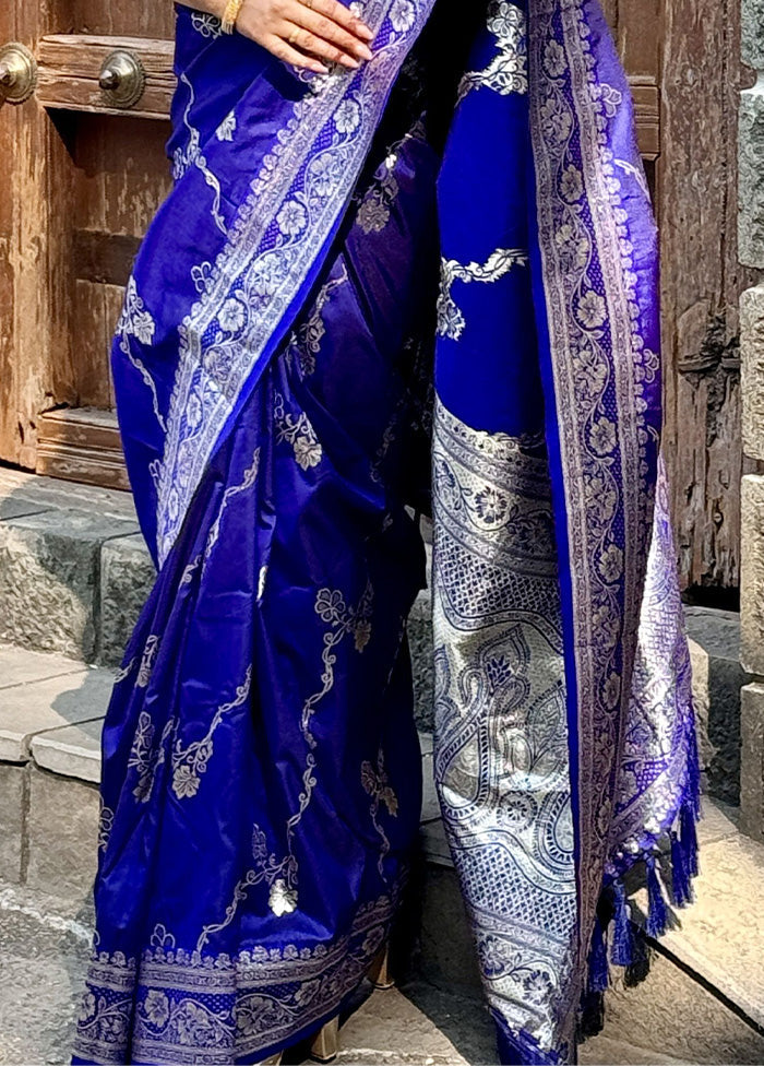 Royal Blue Banarasi Silk Saree With Blouse Piece Looking For For Sale