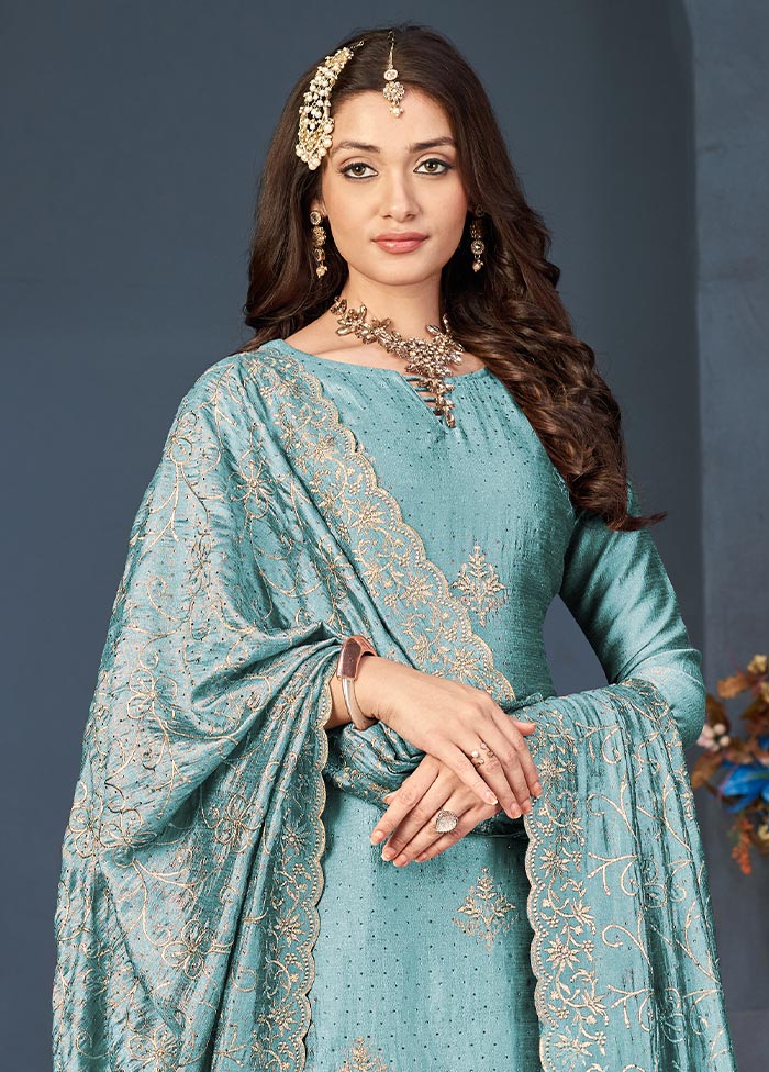 3 Pc Sky Blue Semi Stitched Georgette Suit Set Cheap Supply