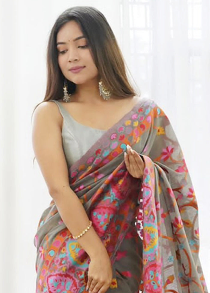 Grey Banarasi Silk Saree With Blouse Piece Cheap Excellent